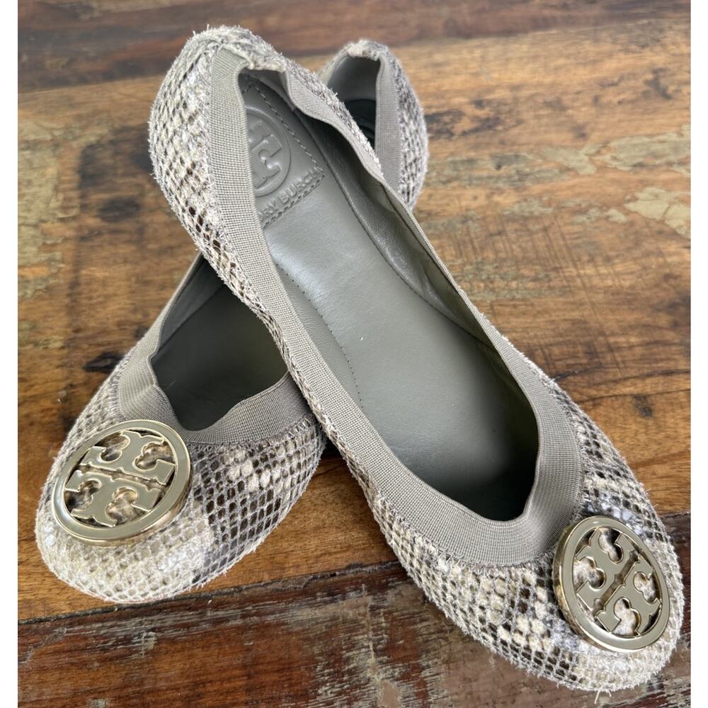 Tory Burch Reva Ballet Flats Haircalf Snakeskin Print Leather Shoes 7.5M Gold - Picture 7 of 16
